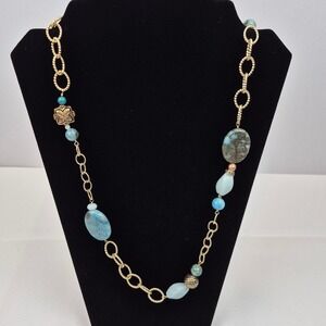 Barse Gold Tone Chain Necklace Faux Turquoise Blue Gemstone Beads 42" Hook